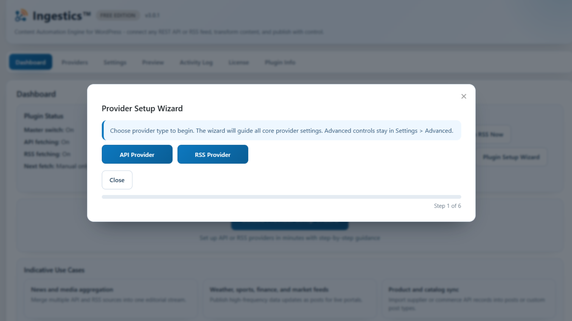 Ingestics provider setup wizard with API Provider and RSS Provider choices.